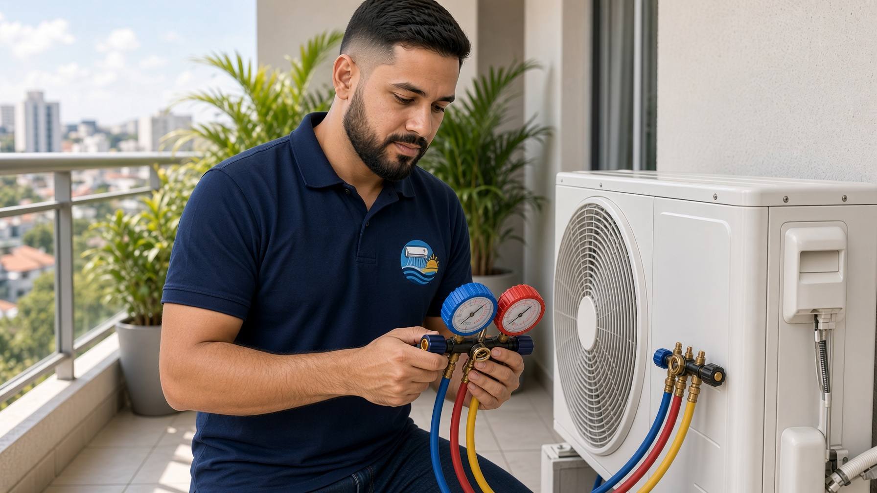 Técnico da Climatização Araruama medindo a pressão do gás da condensadora com manifold