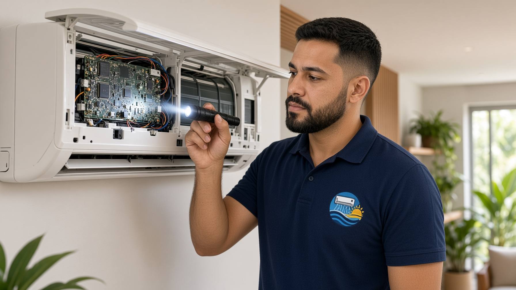 Técnico da Climatização Araruama examinando com lanterna a evaporadora aberta de um ar-condicionado split