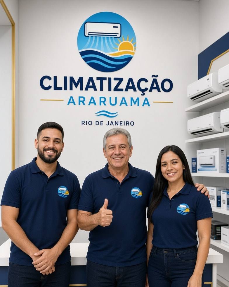 Equipe de técnicos da Climatização Araruama, de uniforme azul-marinho, na loja