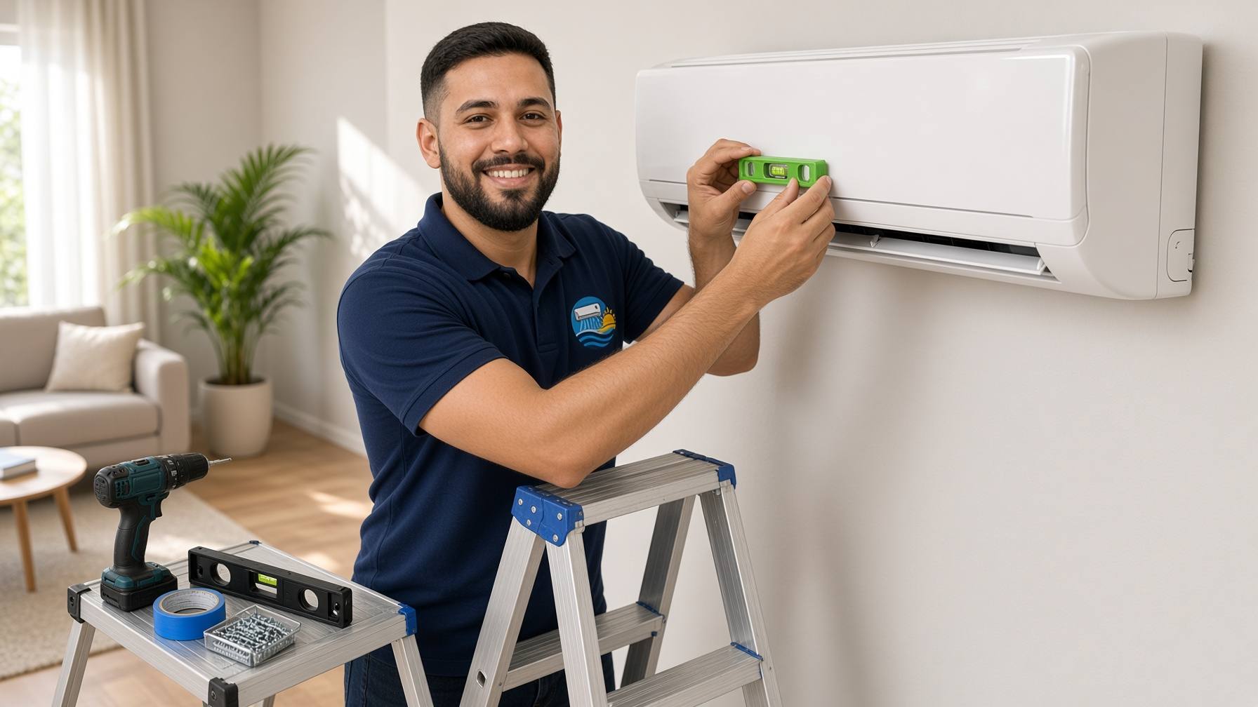 Técnico da Climatização Araruama instalando ar-condicionado split e conferindo o nível da evaporadora