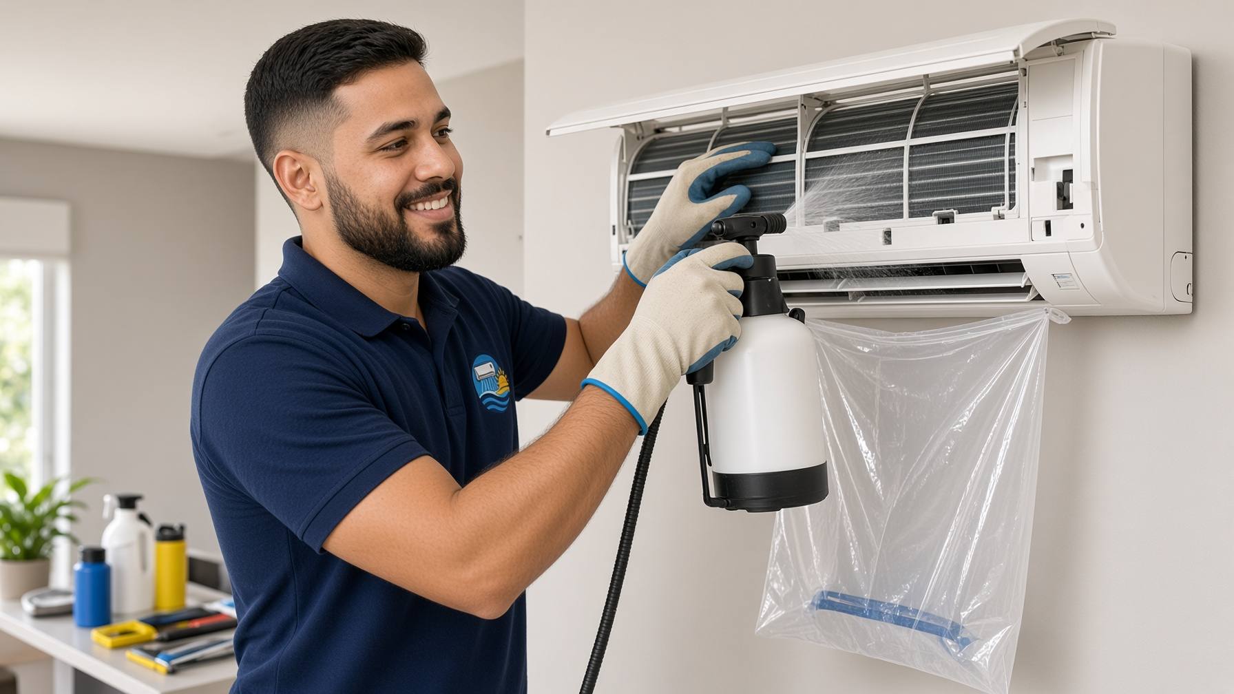 Técnico da Climatização Araruama higienizando a evaporadora de um ar-condicionado split com pulverizador e bolsa coletora