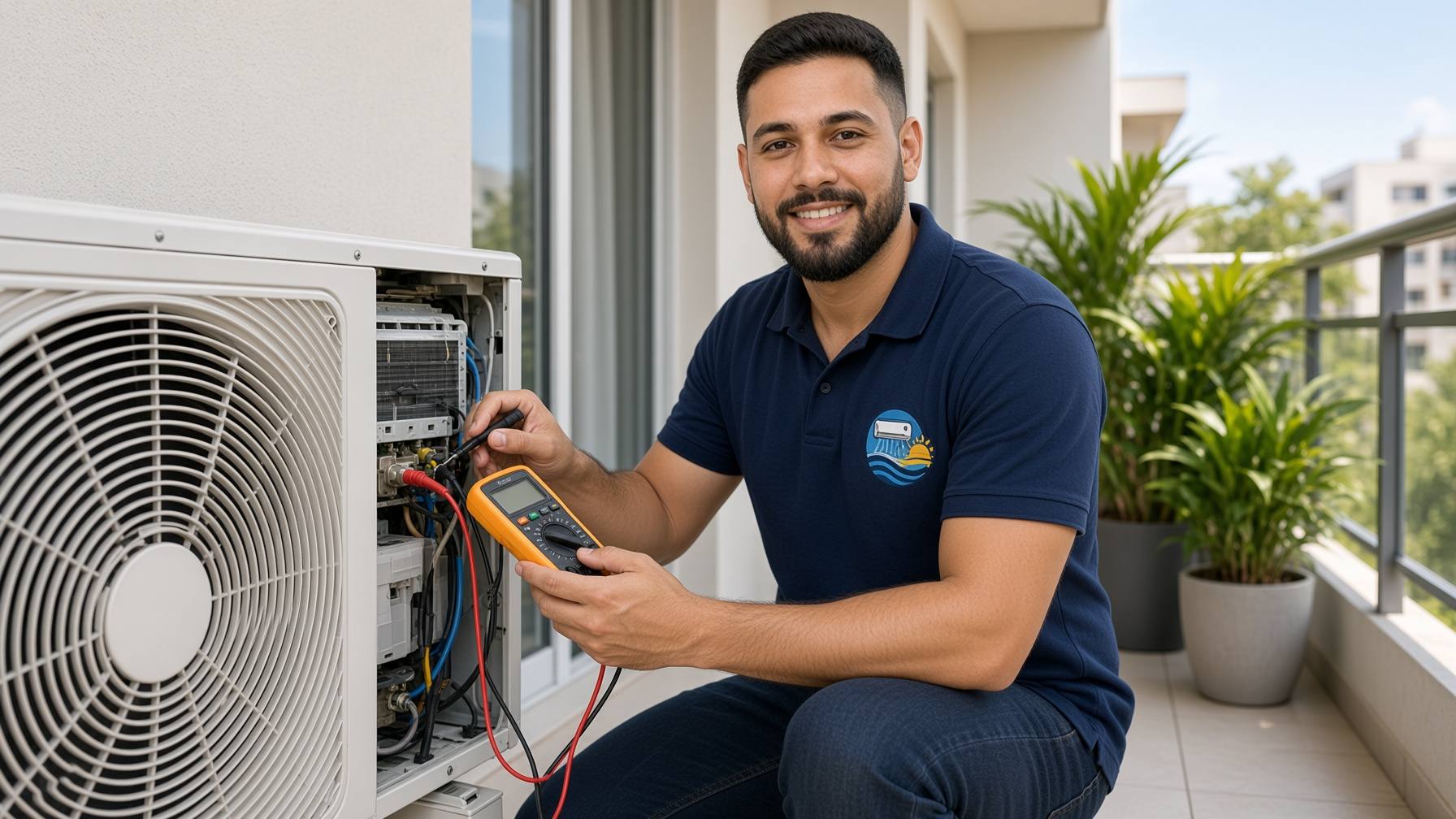 Técnico da Climatização Araruama medindo a parte elétrica da condensadora com multímetro na manutenção preventiva
