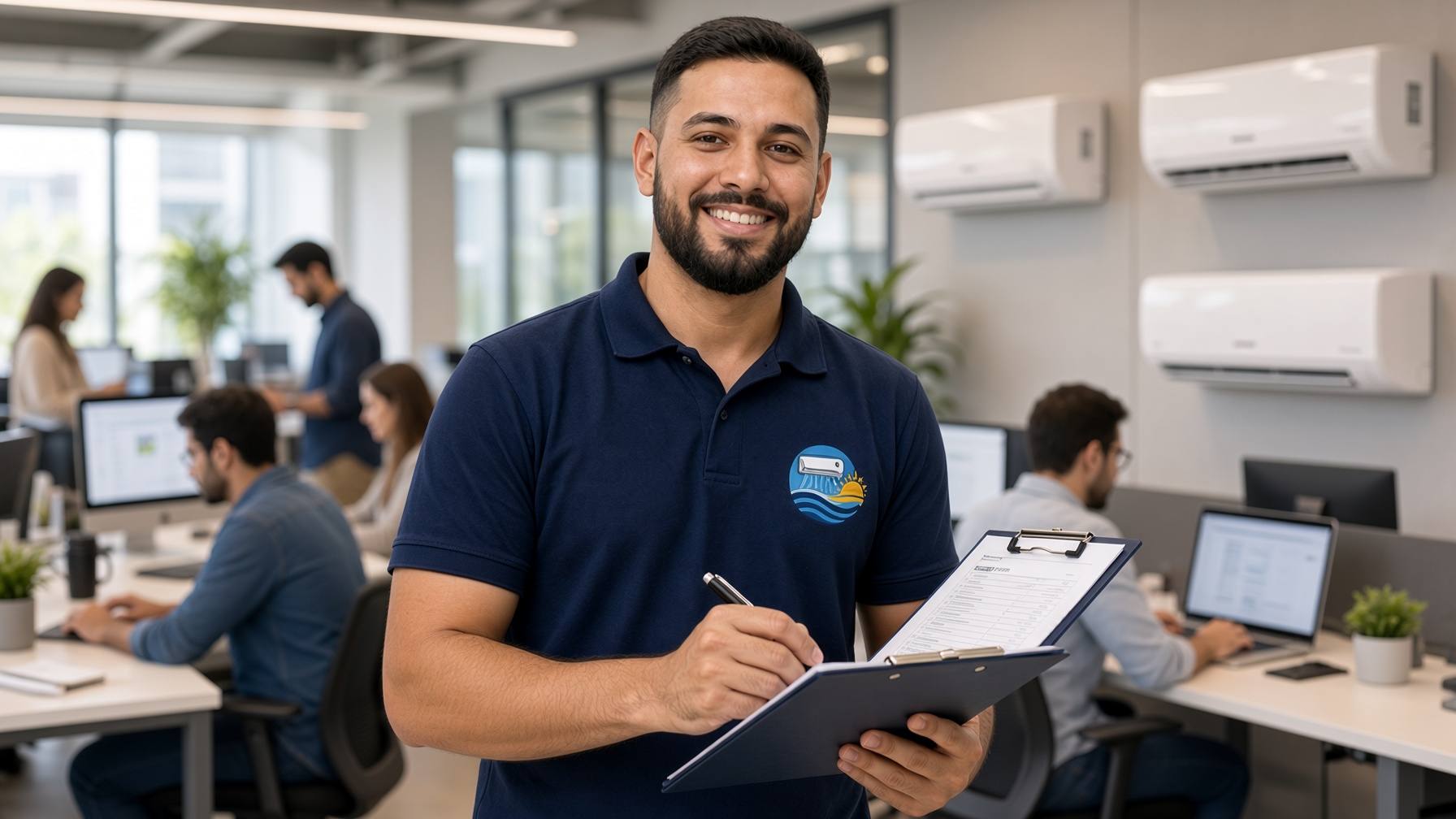 Técnico da Climatização Araruama com a prancheta do PMOC em um escritório climatizado